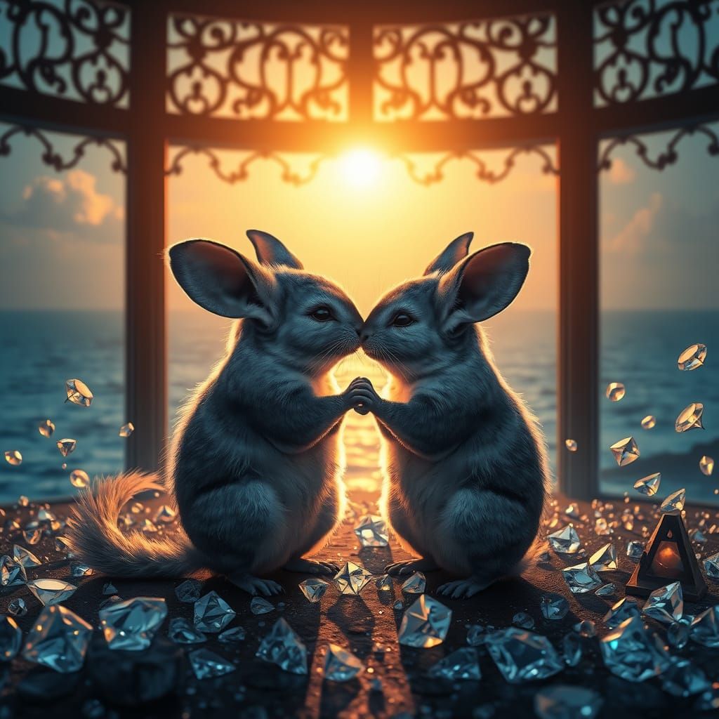 Chinchillas in Whimsical Paradise: A Shimmering Fantasy Scen...