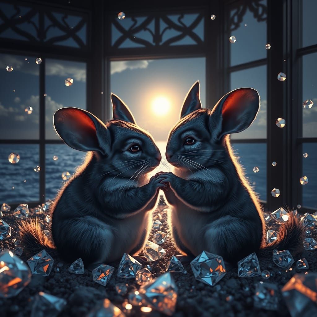 Chinchillas in Whimsical Paradise Amidst Oceanic Sunset