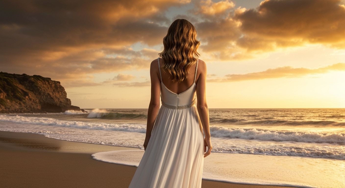 Woman in White Dress at Sunset Beach