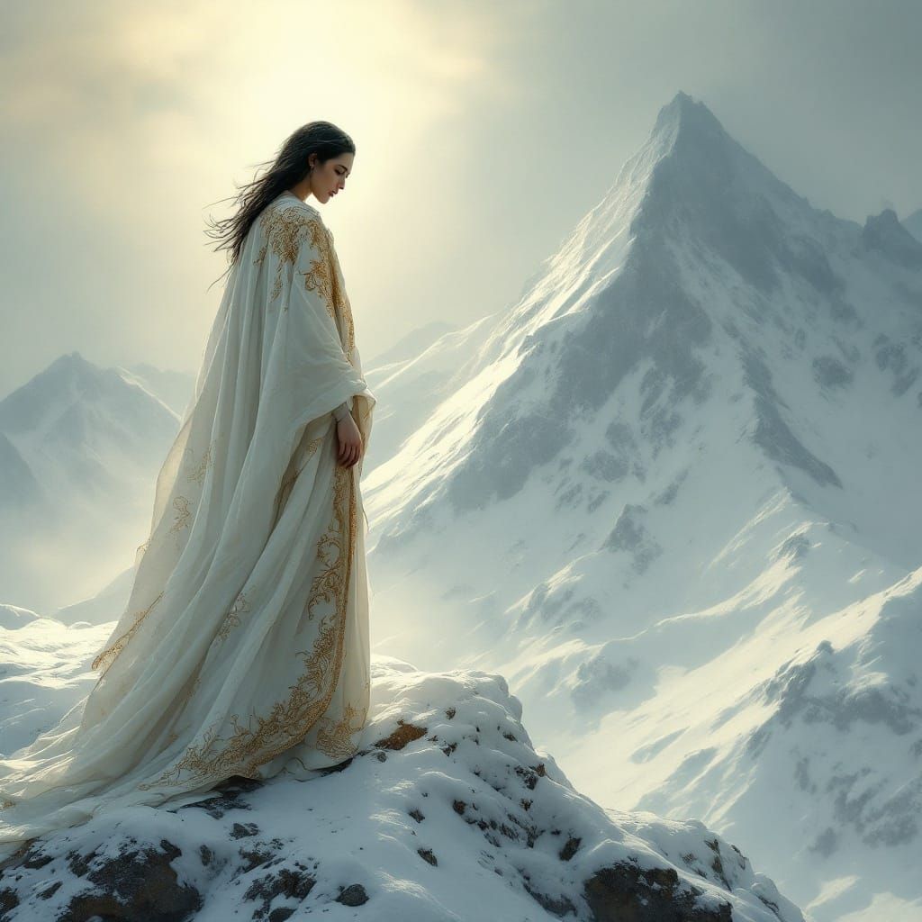 A Figure in White Prepares for Sacrifice on a Snowy Mountain...