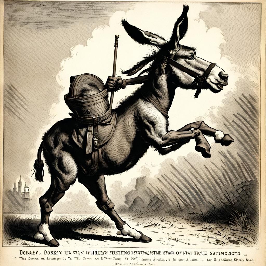 Donkey in fighting stance. 
Thomas Nast comic book art 
(Experiment if AI knew what a donkey is)