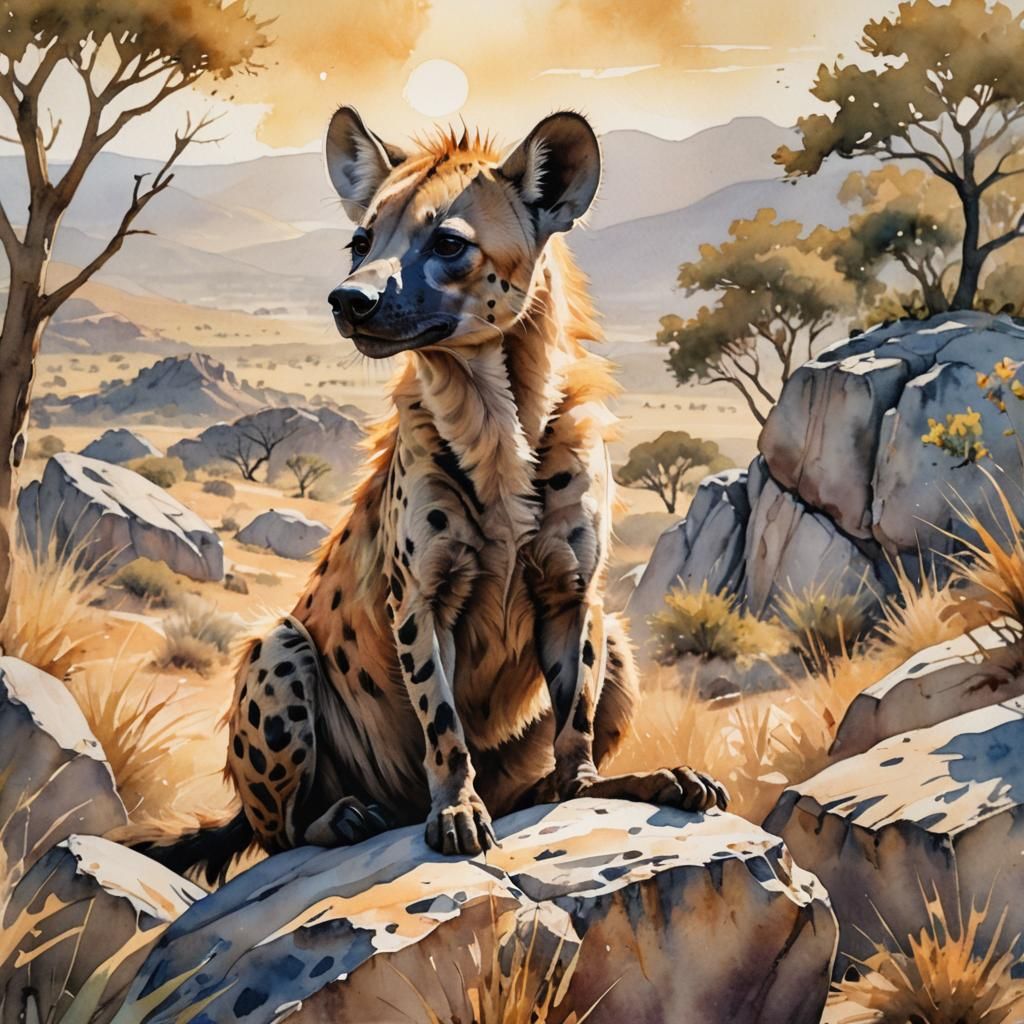 Watercolor Hyena in Sun-Drenched Savannah