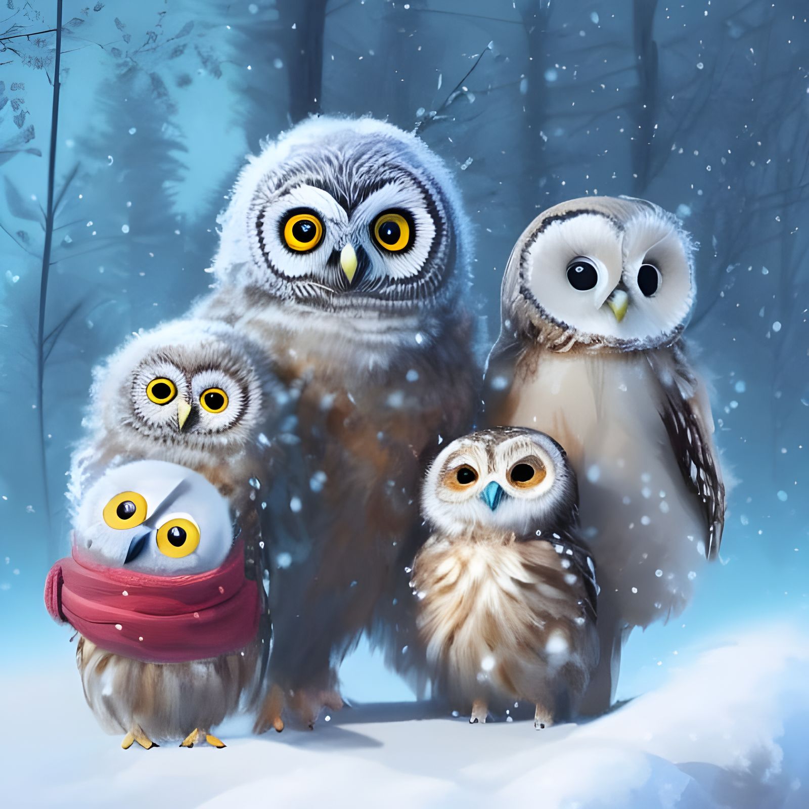Cute Owl Family Portrait in Snow, Digital Art