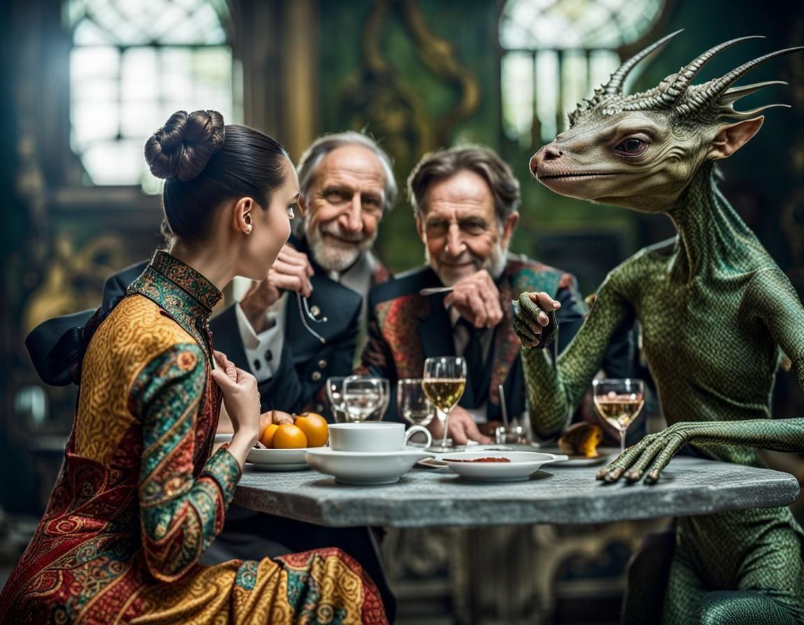 Surreal Alien Restaurant Celebration in Striking Detail