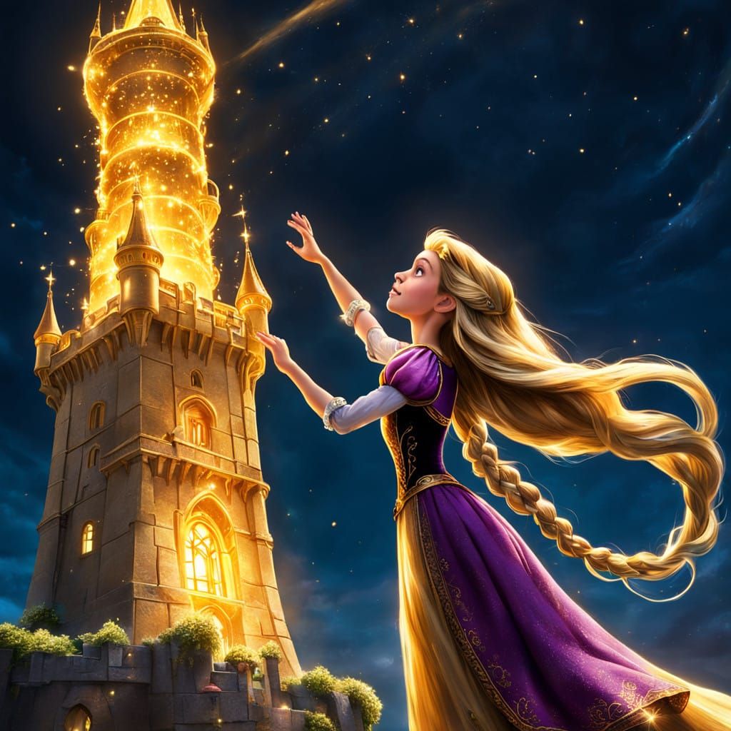 Rapunzel Ascends a Radiant Golden Spire, Hair Streaming Like...