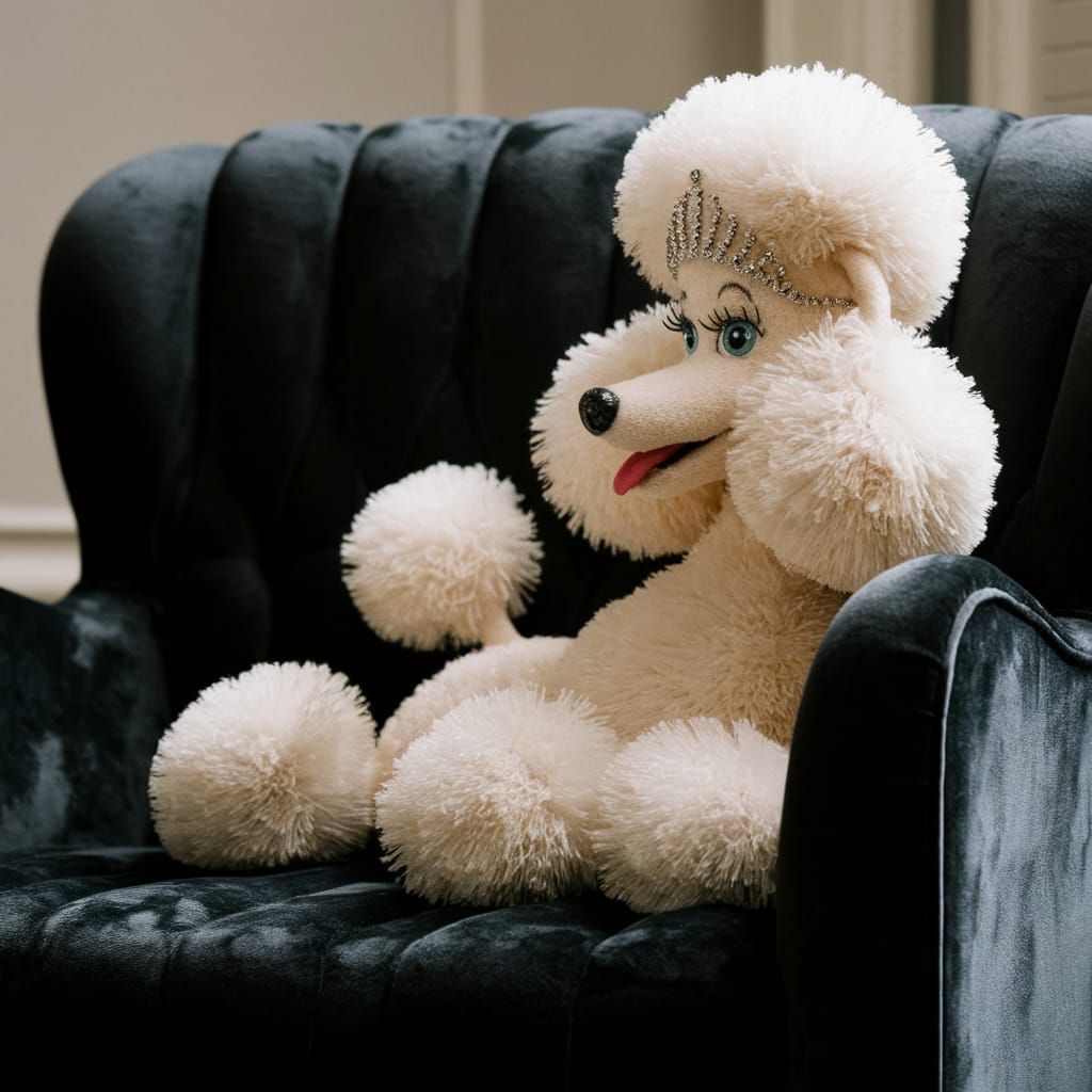 Glamorous Pom-Pom Poodle Sculpture on Black Sofa
