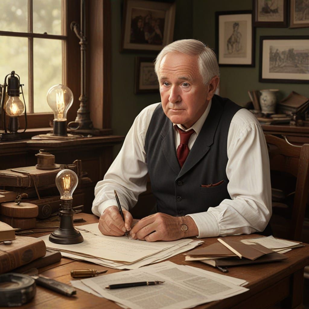 Historical Portrait of Thomas Edison Working on the Light Bu...
