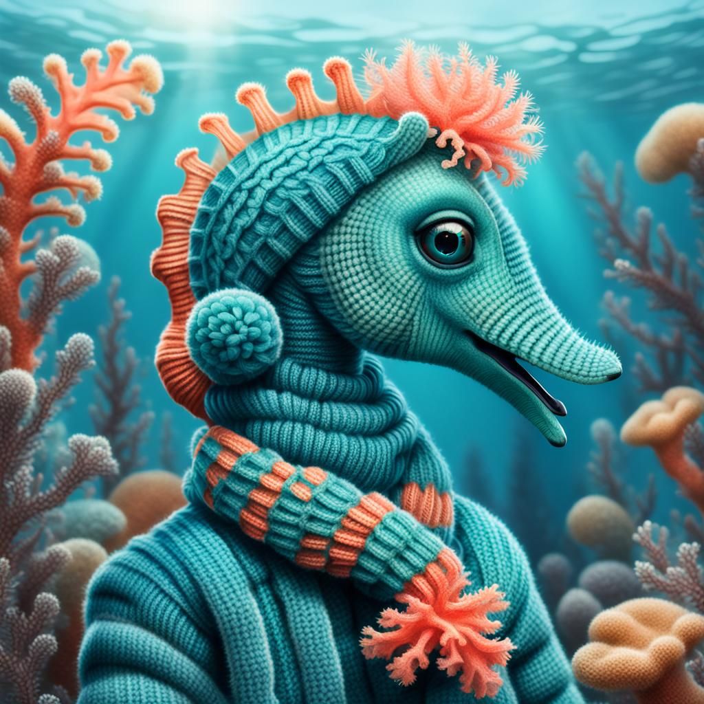 Seahorse in Knitted Hat: Fantasy Concept Art
