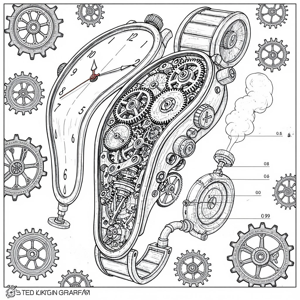 Melting Watch Technical Schematic in Steampunk Style