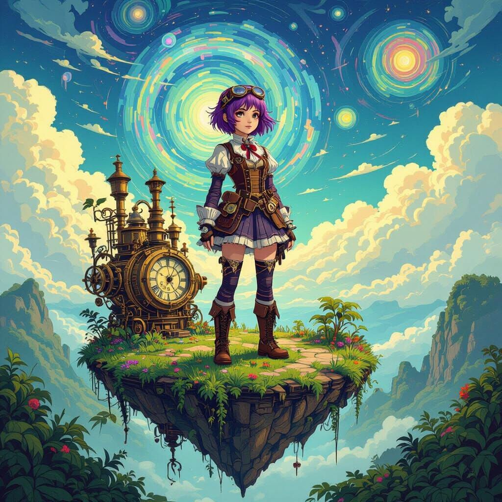 Steampunk Explorer on Floating Island, Psychedelic Art