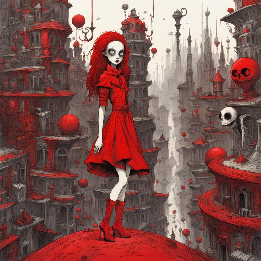 Whimsical Red Portrait in Gothic Cyberpunk City