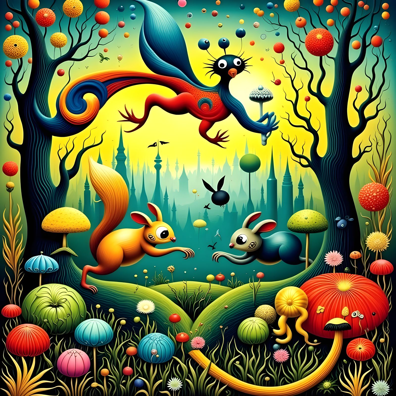 Squirrels Frolic: Surreal 1930s Cartoon Painting