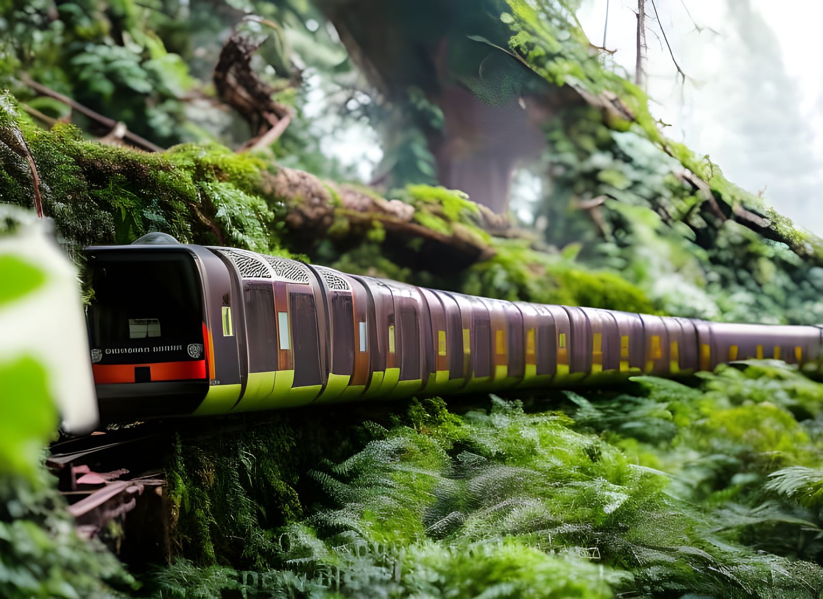 Post-Apocalyptic Monorail Train in Overgrown Forest