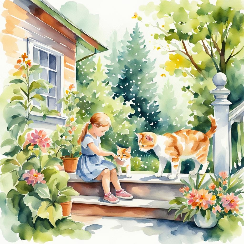 Girl and Kitten on Porch in Watercolor Style