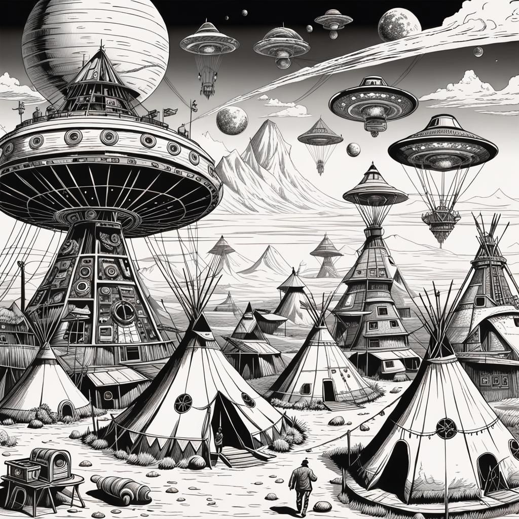 Steampunk Native American Settlement with Flying Saucers