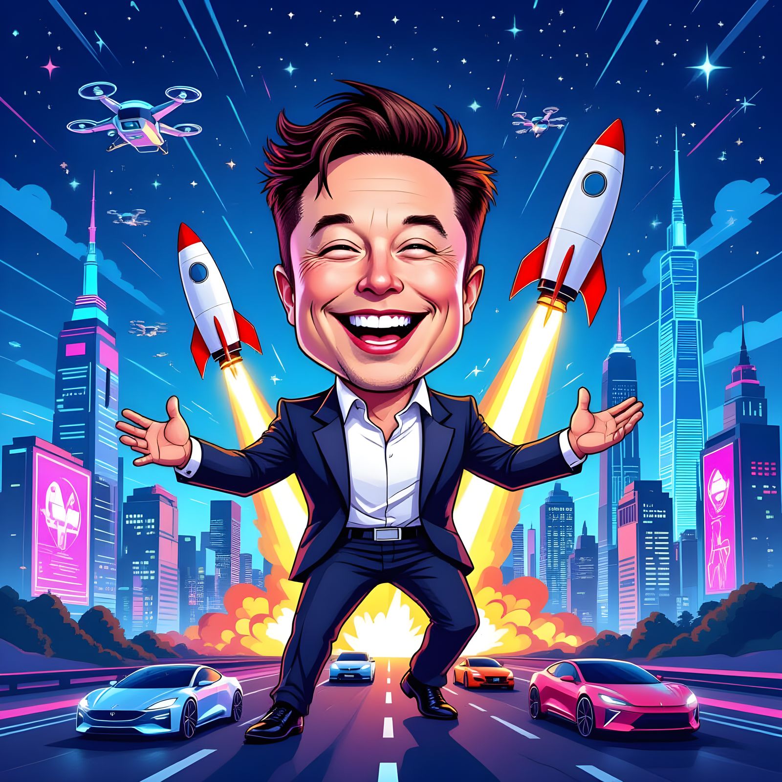 Satirical Elon Musk Campaigning with Rockets, Bold Illustrat...