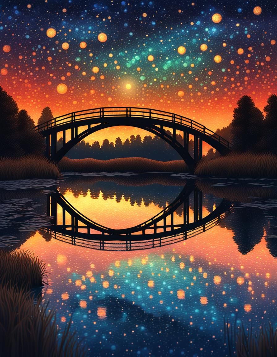 Pointillist Bridge Under Starry Sunset Sky