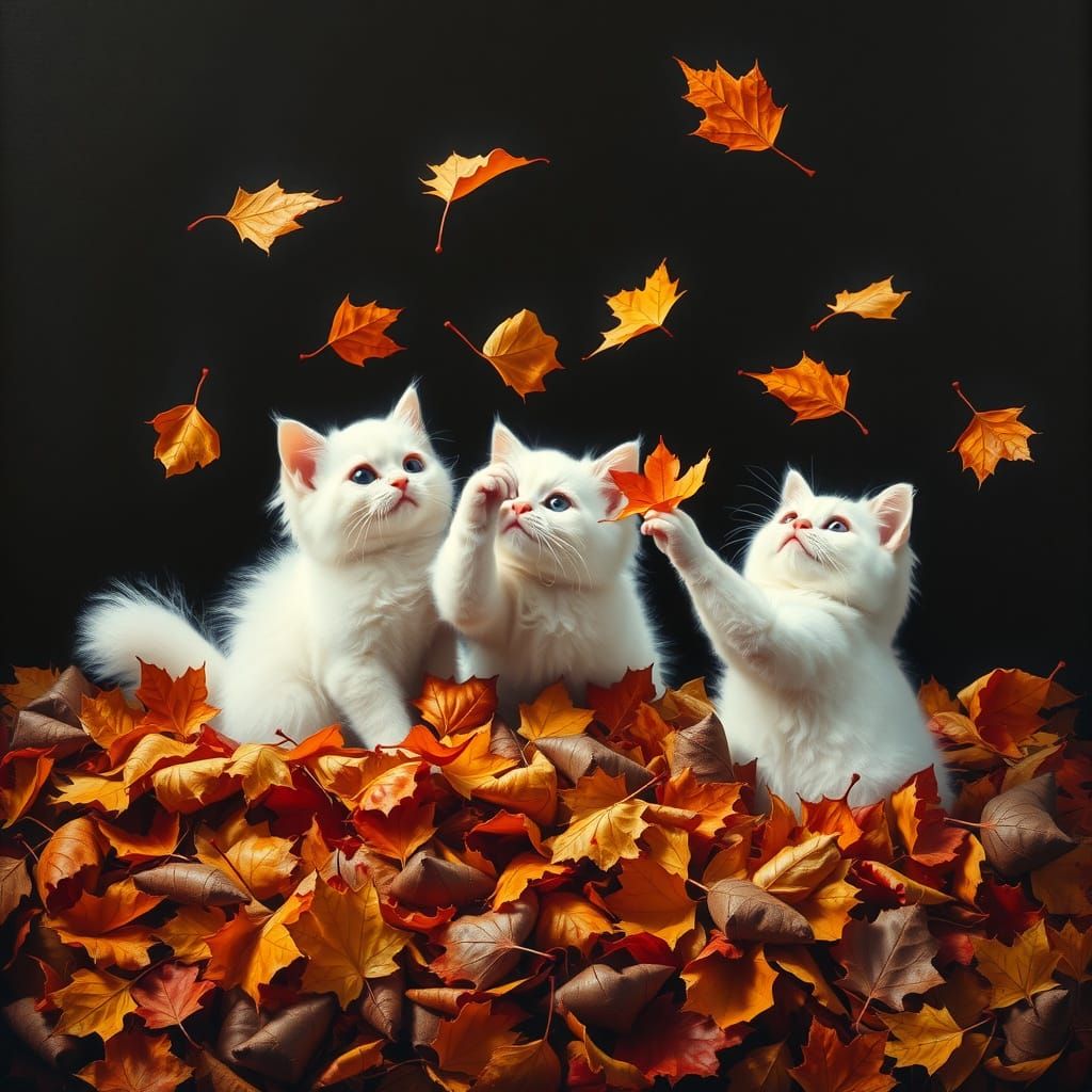 Fluffy Cats Play in Autumn Leaves