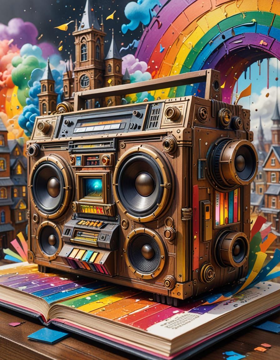 Steampunk Boombox Explores Pop-Up City in Oil Painting
