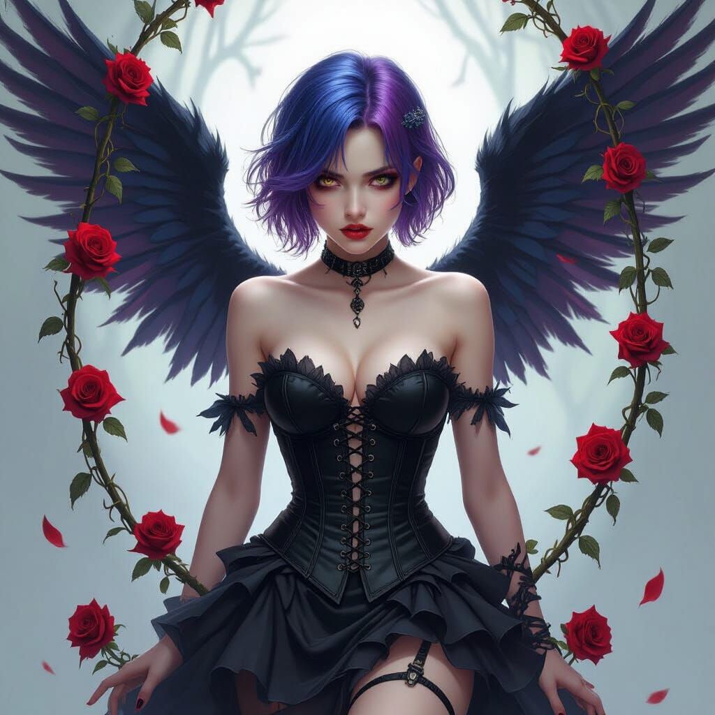 Fallen Angel Kid Pulled Down by Vines with Roses