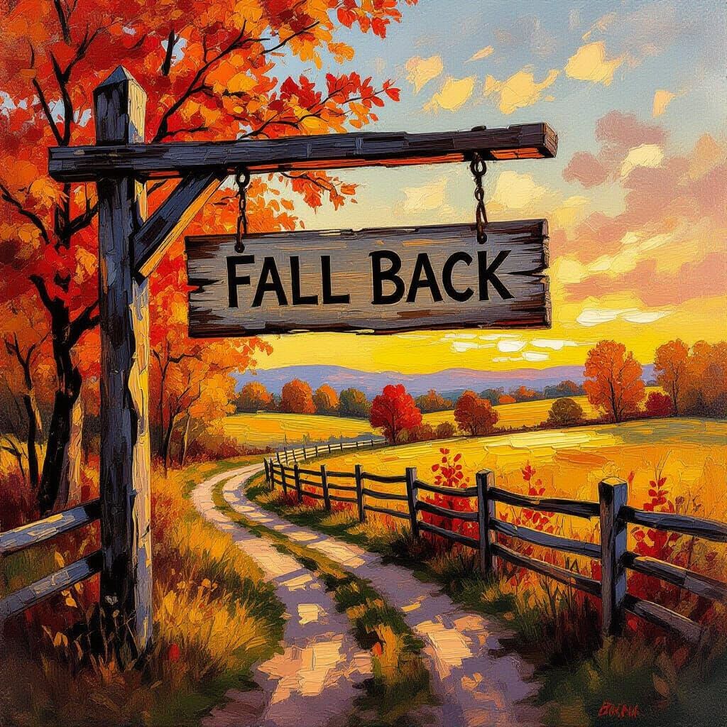Weathered Wood Sign in Vibrant Autumn Landscape Oil Painting