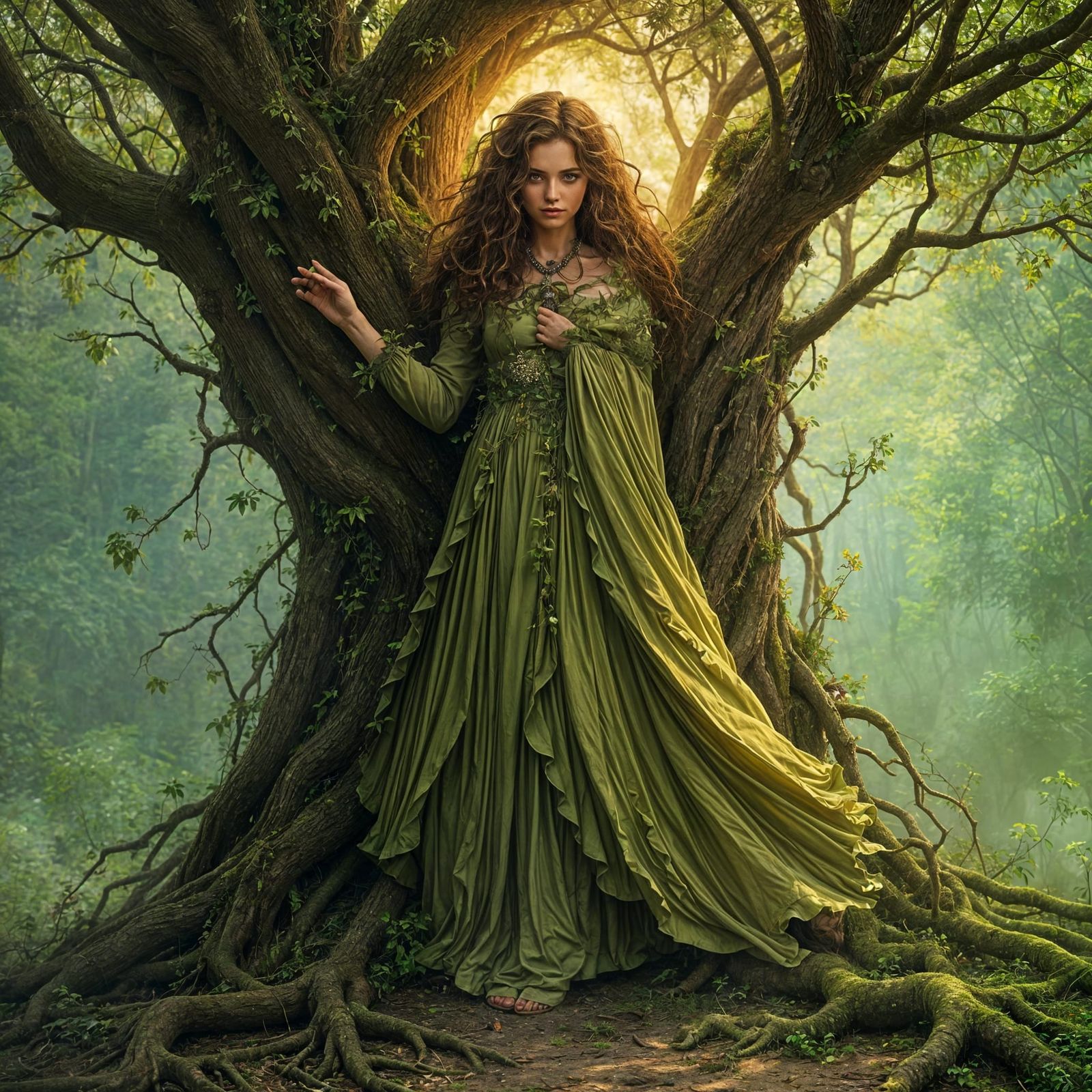 Majestic Woodland Nymph in Ethereal Landscape