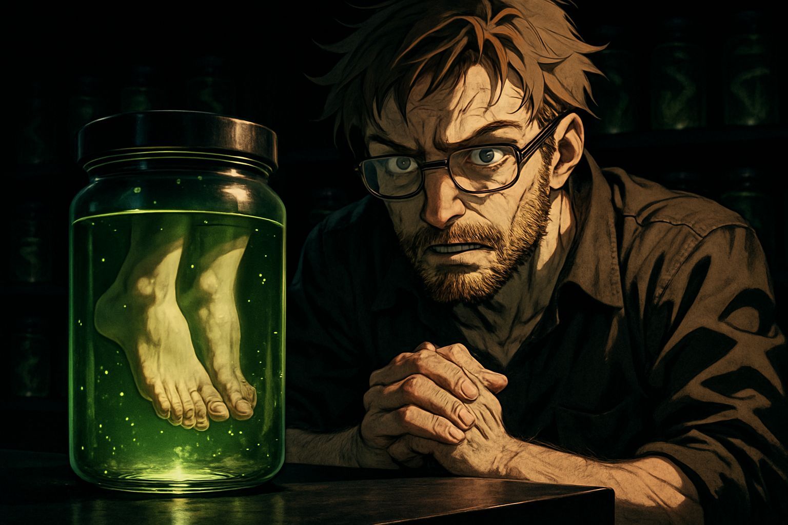 Anime-Realism Fusion: Man Contemplates Jar of Feet