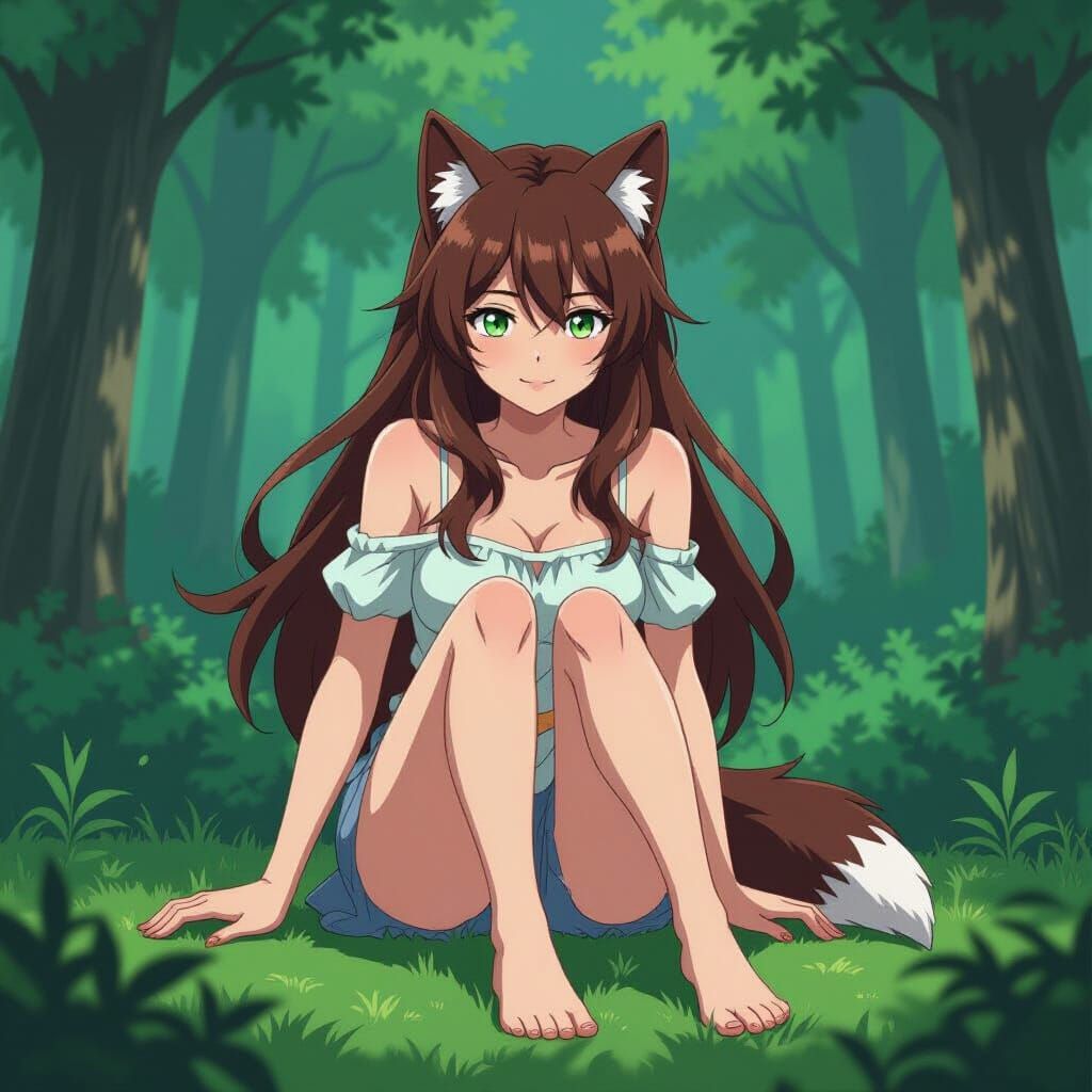 Young Woman with Wolf Features in Forest, Anime Style
