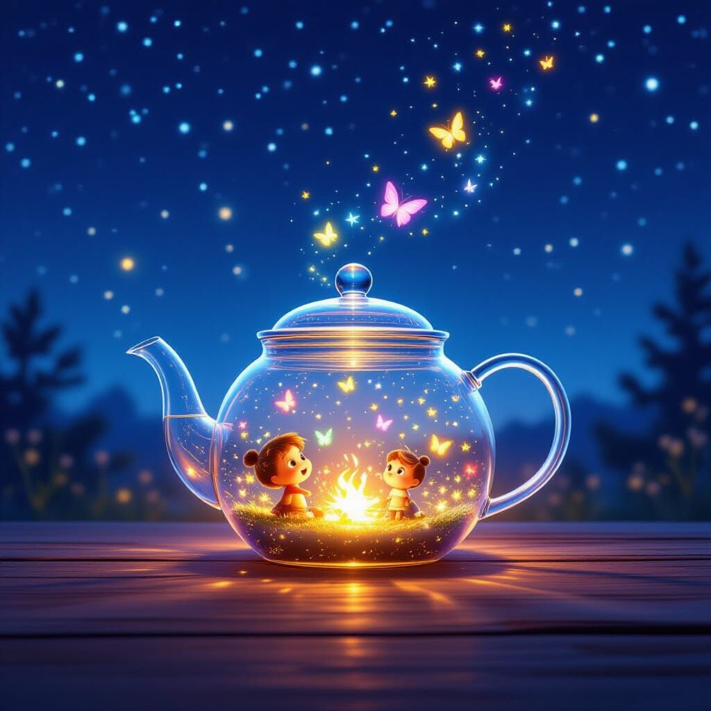 Magical Transparent Teapot with Glowing Creatures