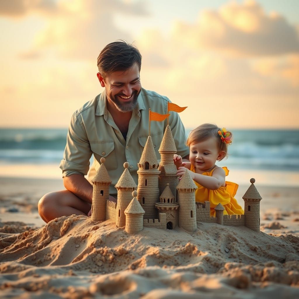 Father and Child Build Sandcastle on Beach