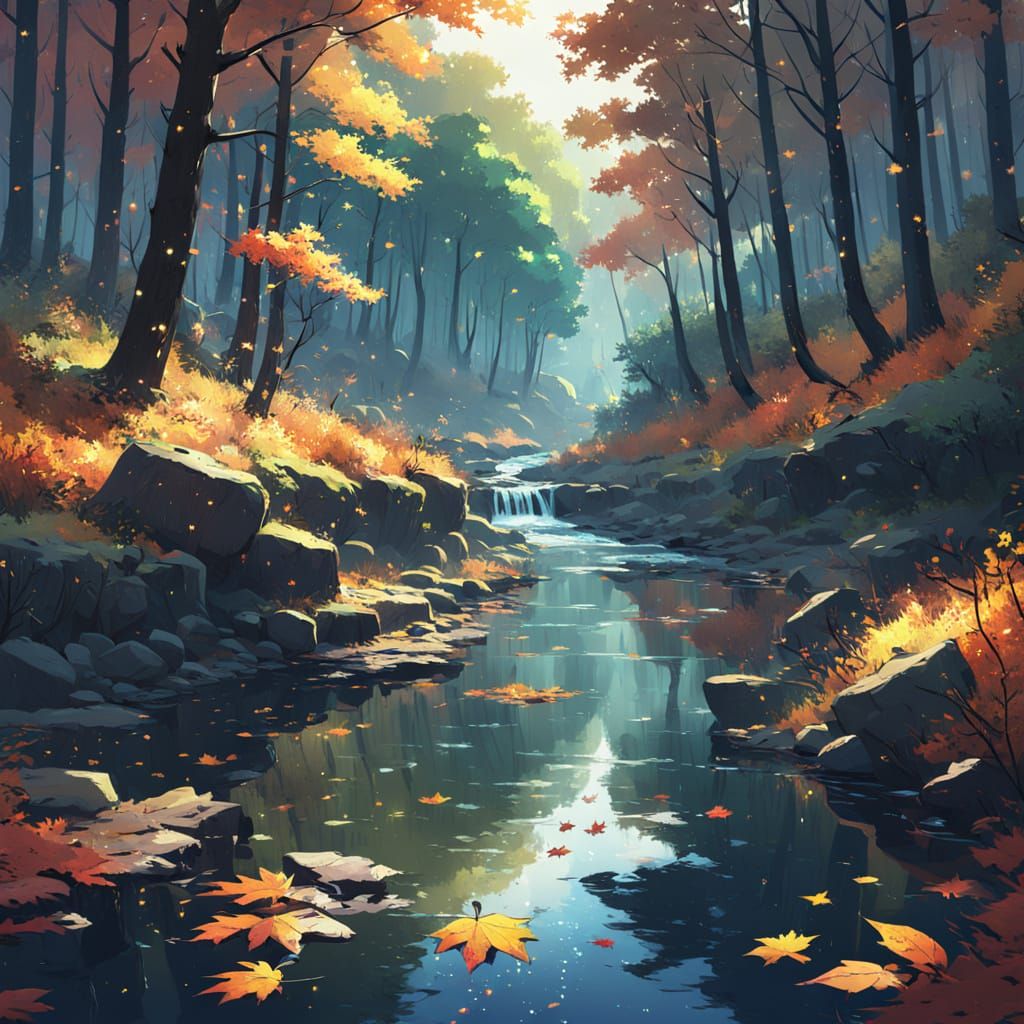 Ghibli-Inspired Autumn Forest with Stars