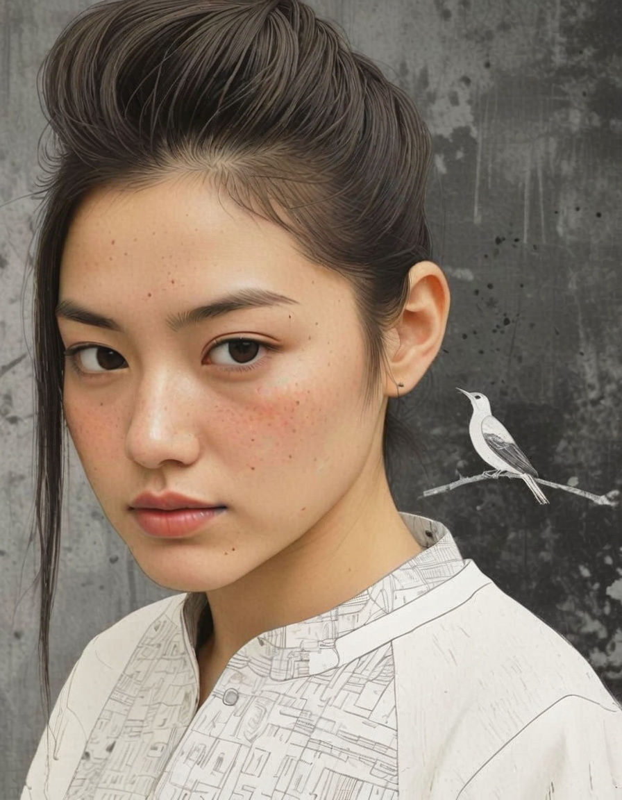 Woman Against Wall With Textured Collage Bird