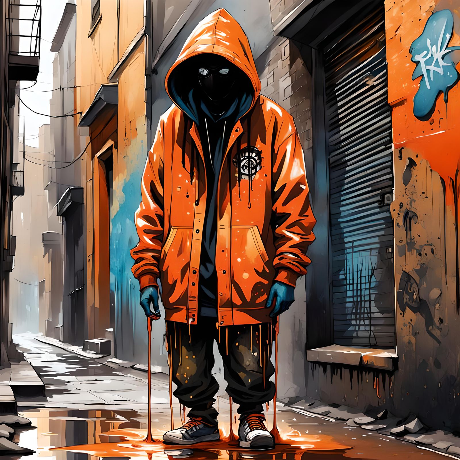 Mysterious Hooded Figure in Gritty City Alleyway