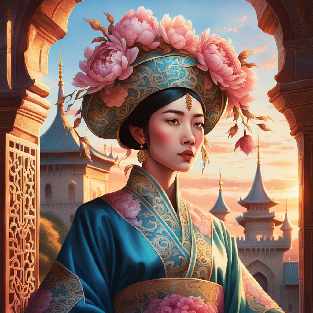 Baroque Fantasy Mage Portrait with Oriental Castle