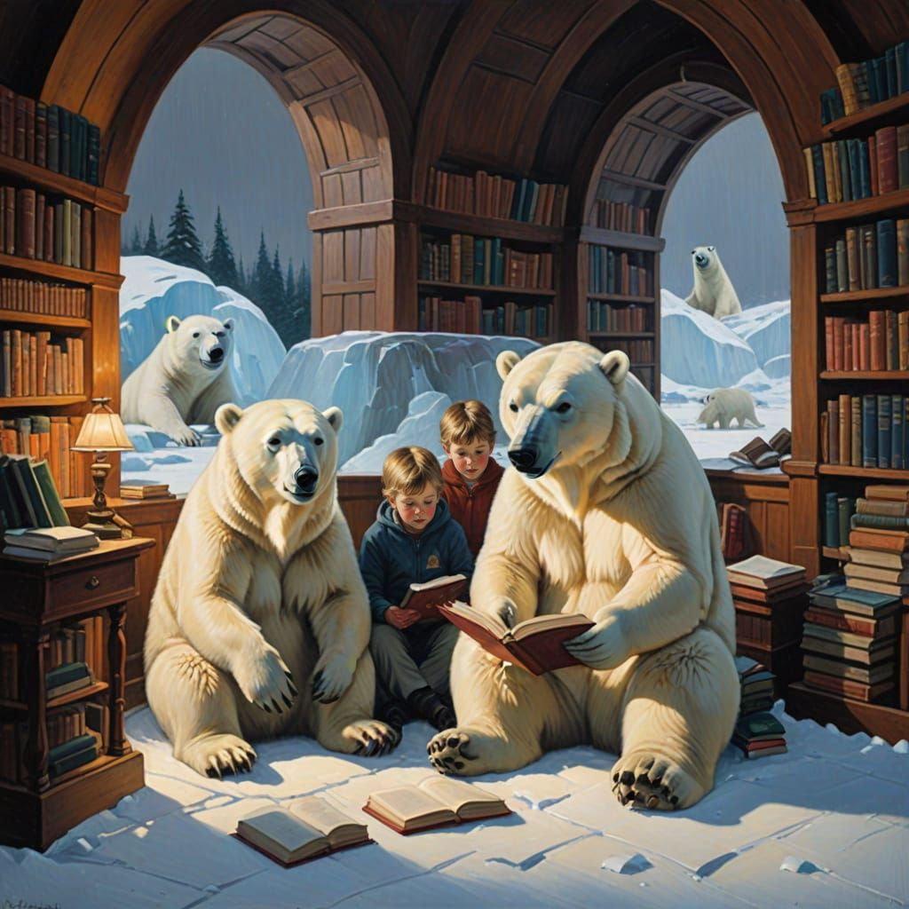 Polar bear reading to younger polar bears in igloo library