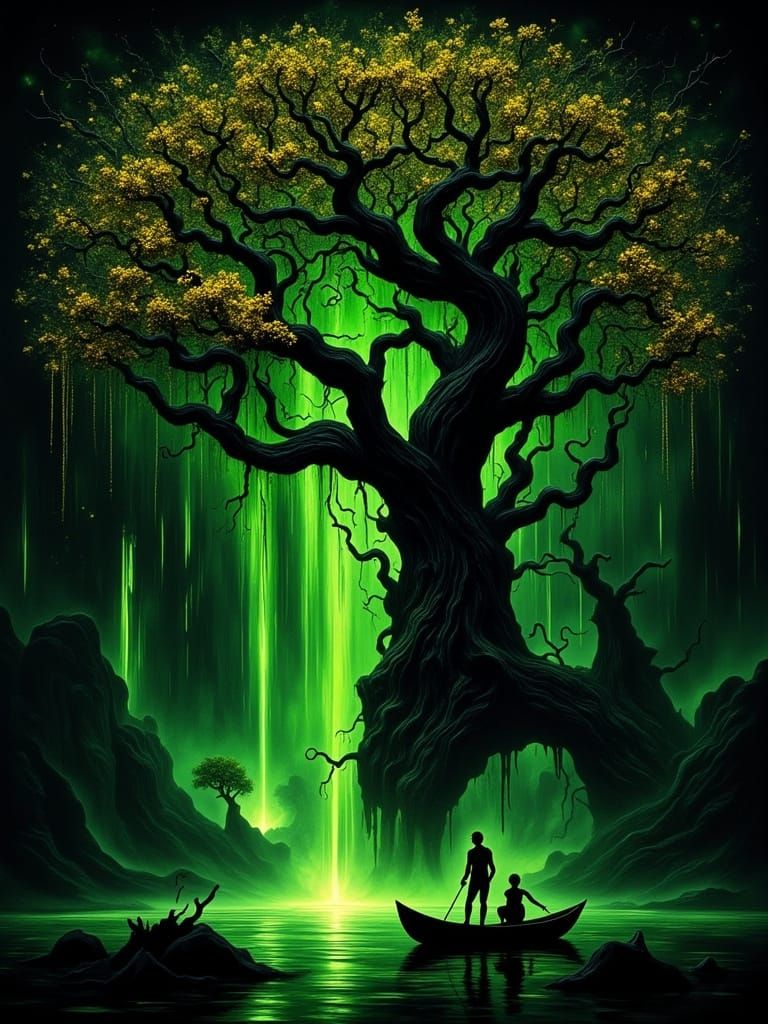 Ancient Tree of Light and Darkness with Emerald Shafts