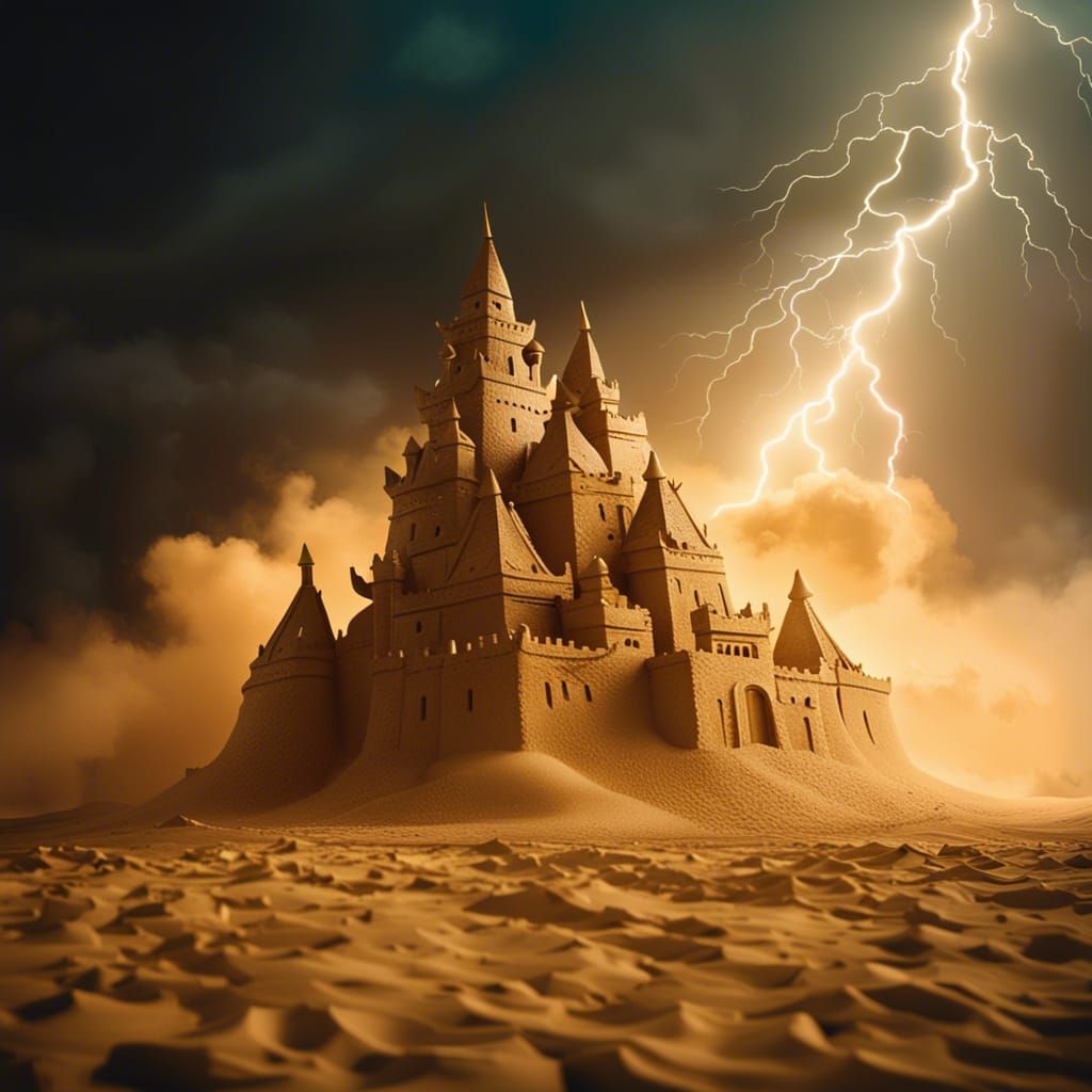 Dramatic Sandcastle Lit During Sandstorm, Cinematic Still