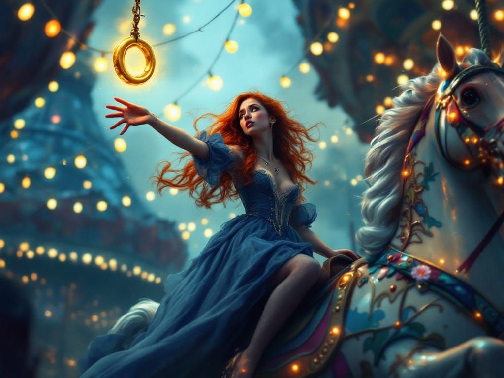 Woman Reaching for Brass Ring in Dreamlike Carousel Scene