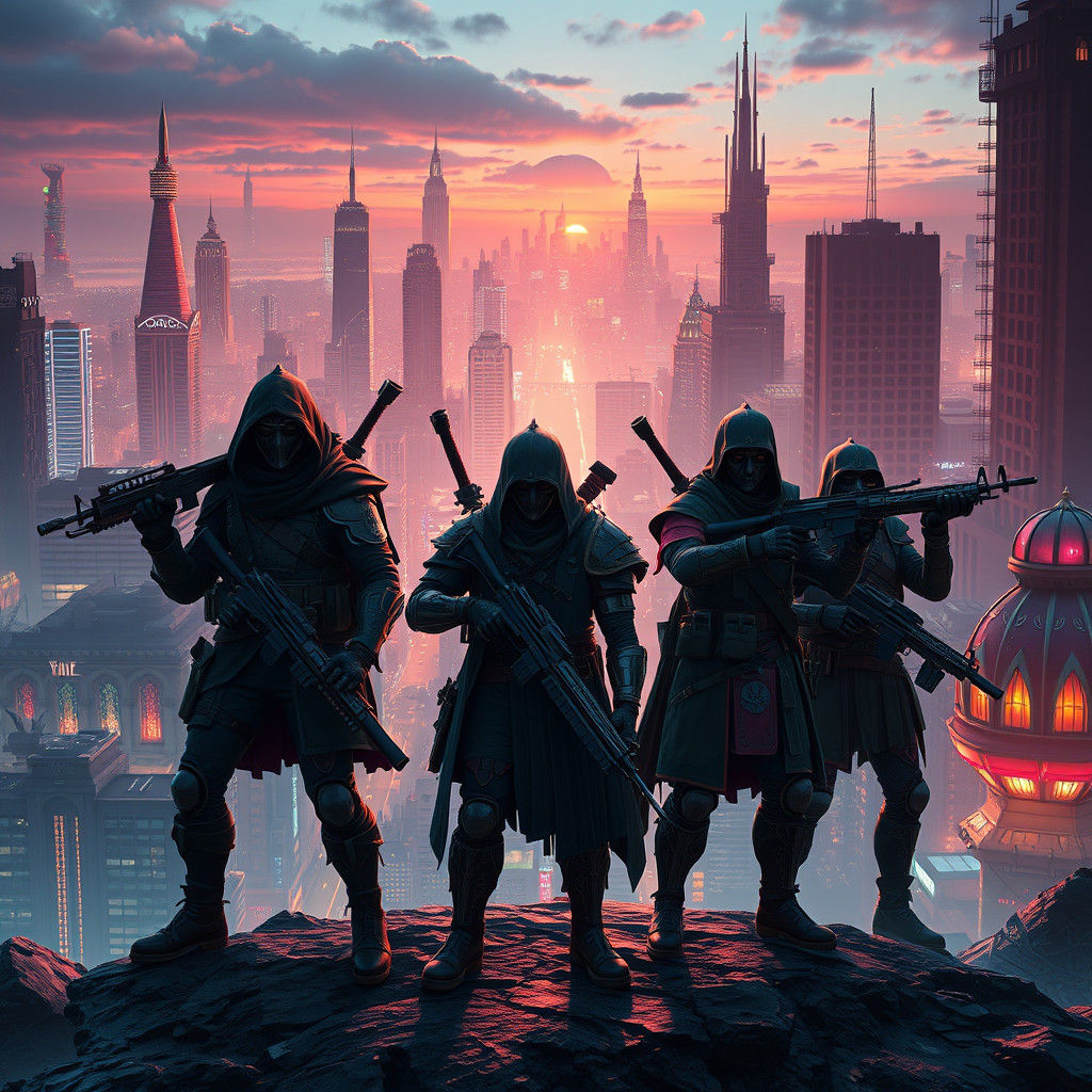 Fantasy Resistance Fighters in Futuristic Cityscape