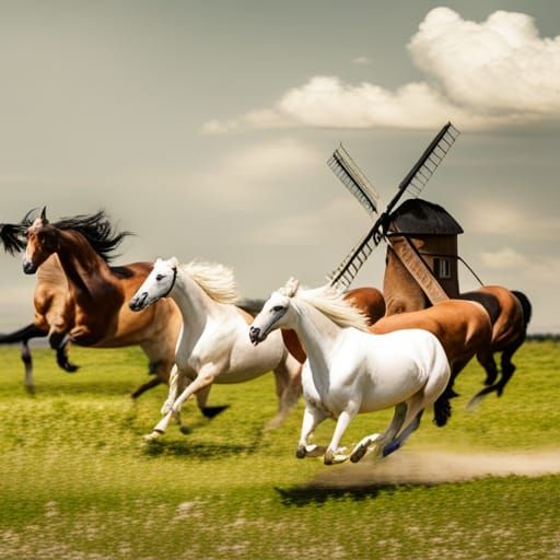 Happy Horses Running Near Windmill