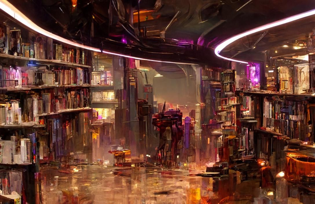 Futuristic Cyberpunk Library in Purple Tint