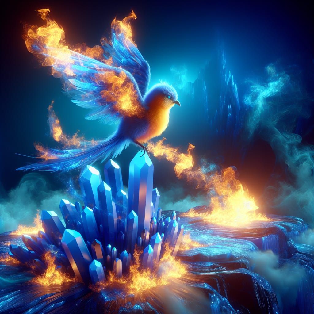 Mystical Bird Ablaze Atop Azure Crystal