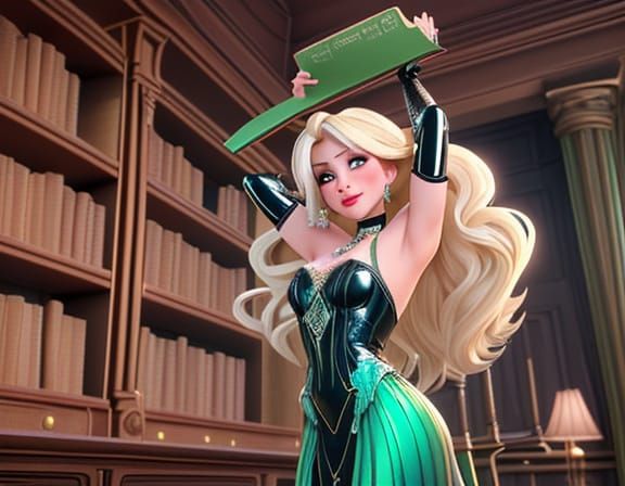 The image features a Elsa in a dazzling outfit set against a backdrop of bookshelves filled with various books. The char...
