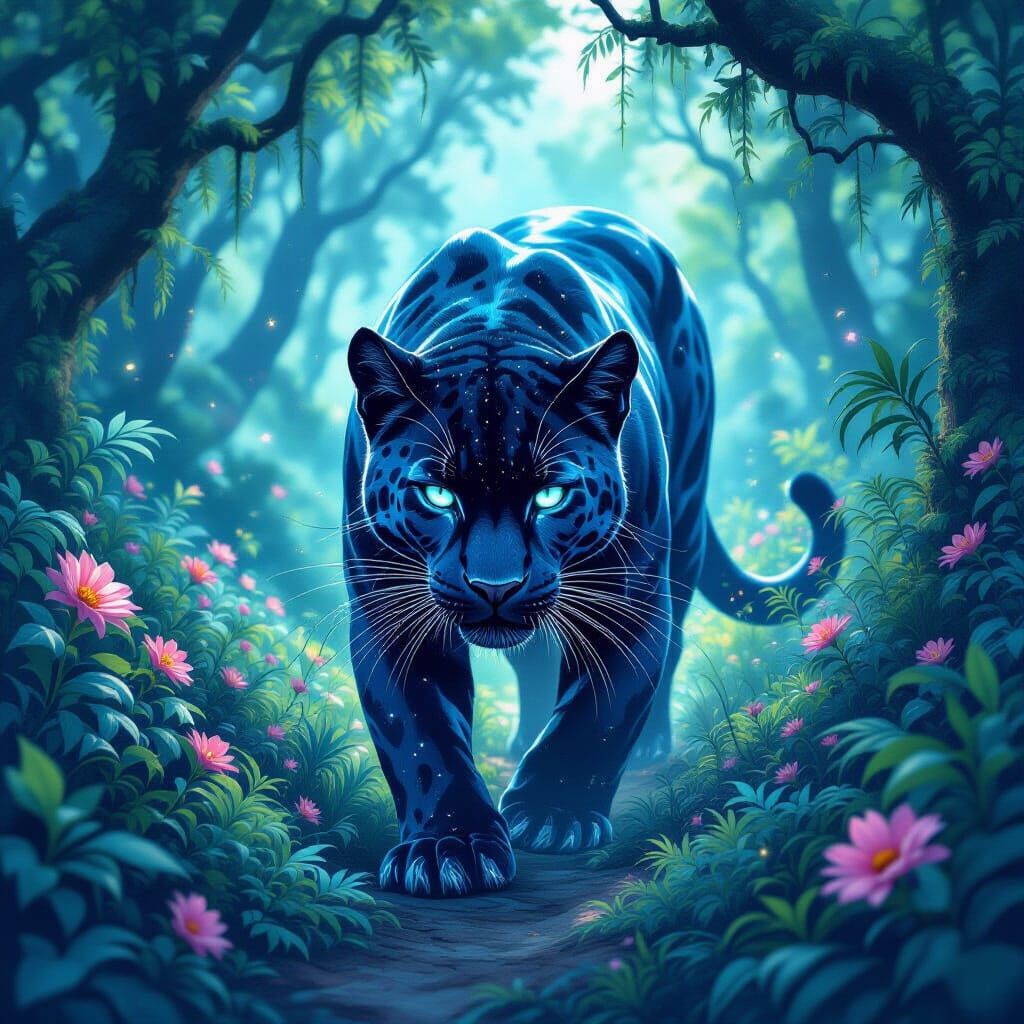 Bioluminescent Panther in Enchanted Forest, Cosmic Watercolo...