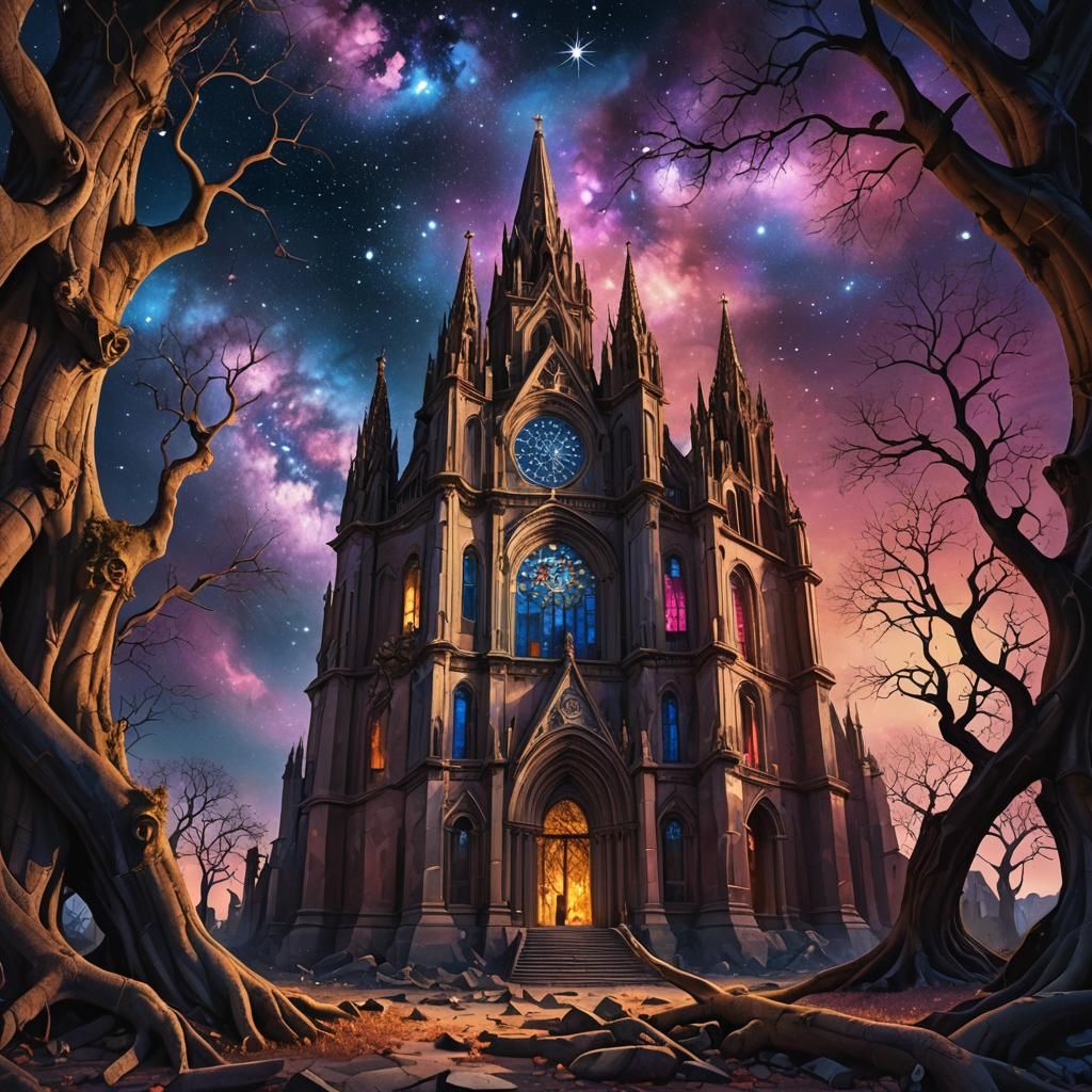Cathedral Ruins Under Galaxy of Stars