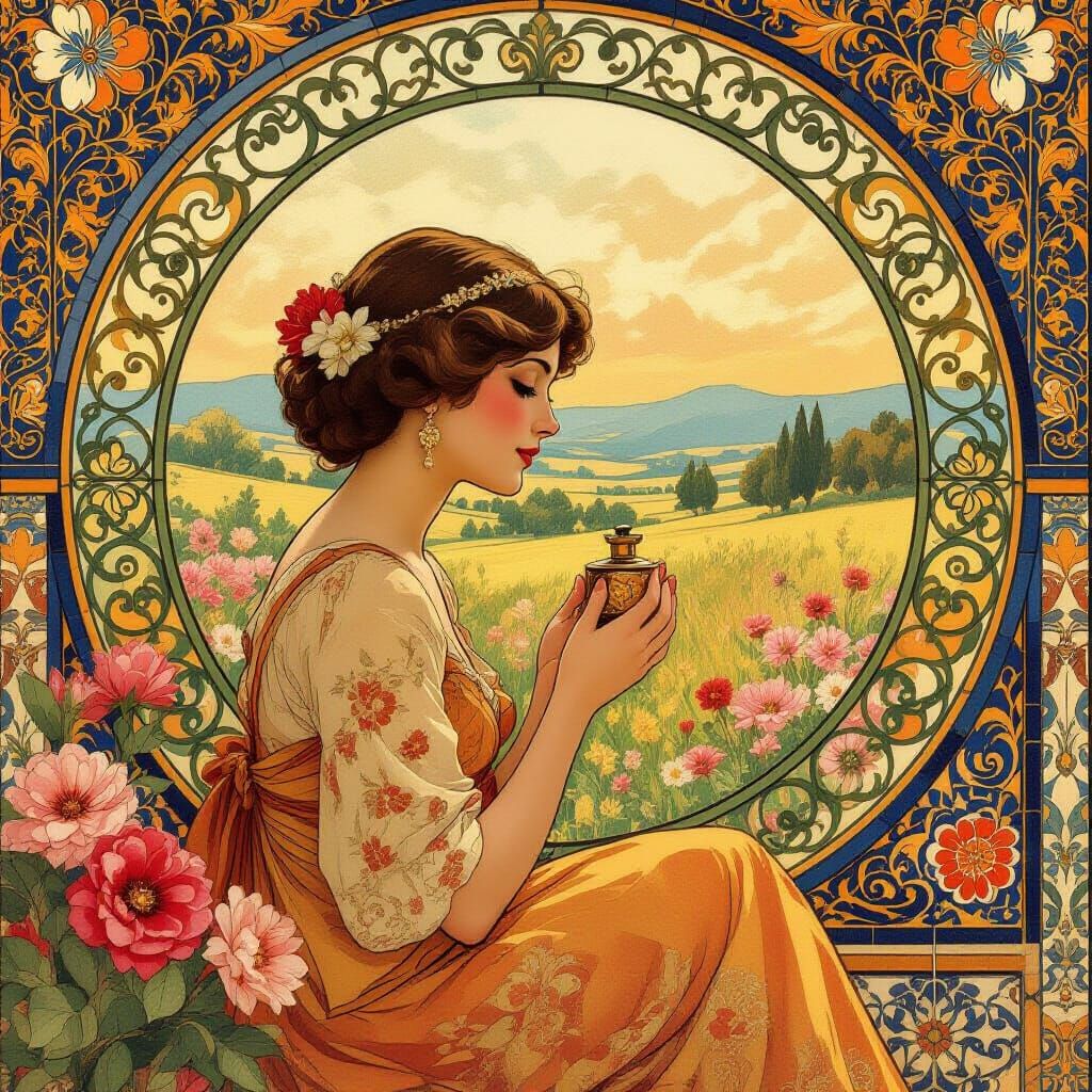 Woman in Vintage Perfumery, Mucha-Inspired Art