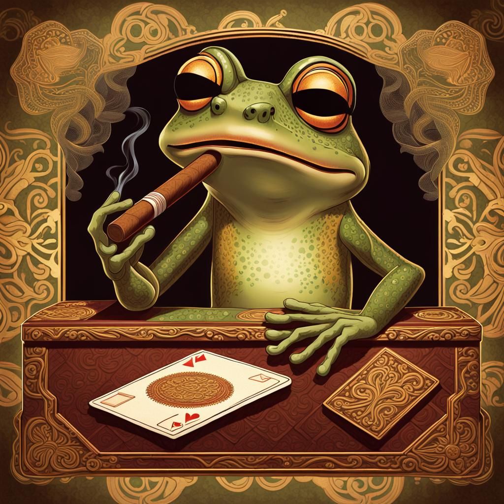 A frog smoking a cigar playing cards