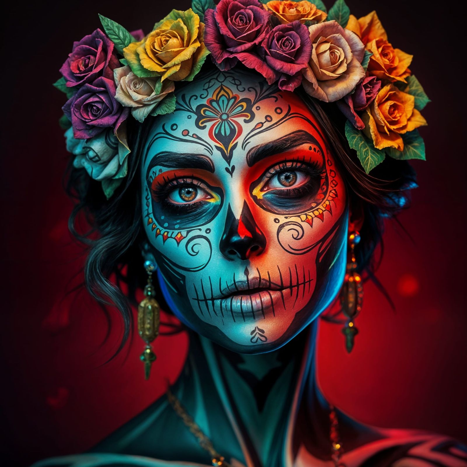 Day of the Dead Inspired Portrait in Vibrant Triadic Colors