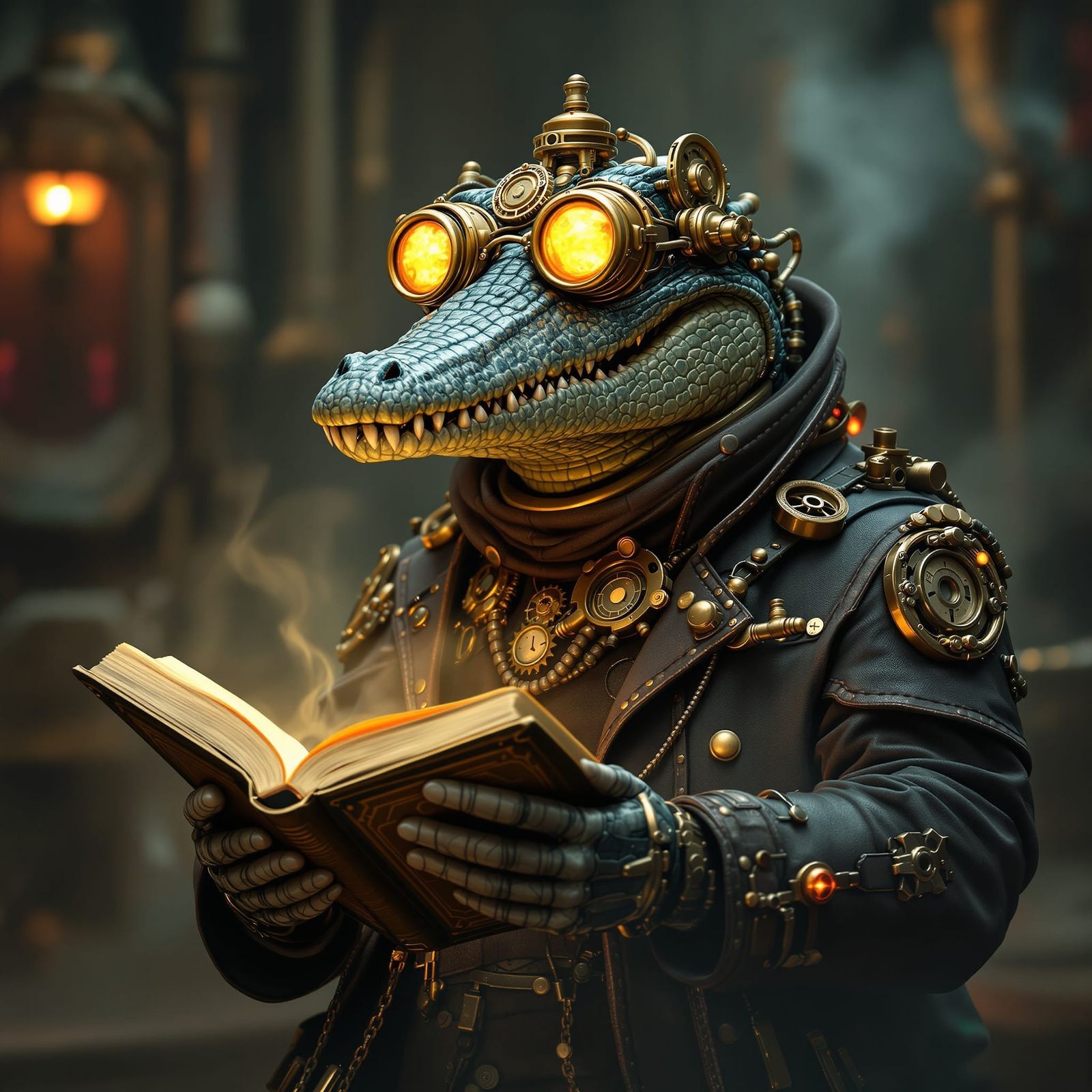 Cyberpunk Crocodile Inventor with Brass Goggles