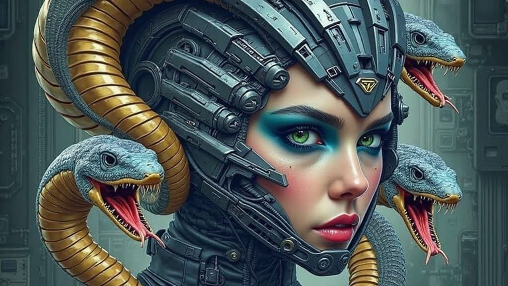 Cybernetic Cobra Girl in Biomechanical Laboratory